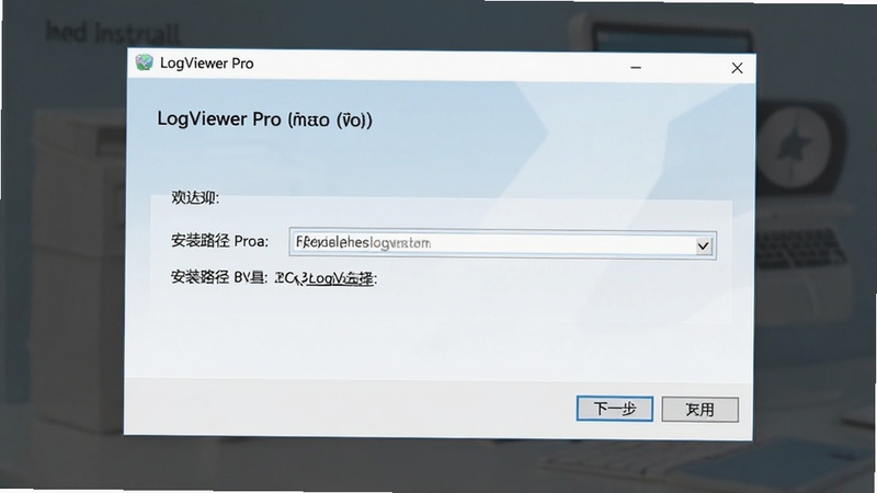 LogViewer Pro ��װ�򵼽����ͼ������չʾ��װ����ӭҳ�棬��������һ������ť�Ͱ�װ·��ѡ��򣬽�����������������Ϊǳɫ���䣬ͻ����װ���̵�������