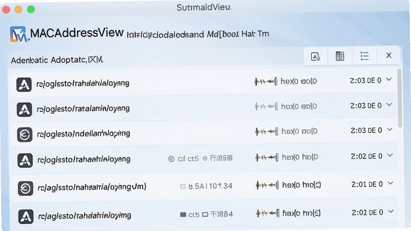 MACAddressView 自动扫描并识别网卡厂商信息的界面截图,列表中显示多个适配器条目与厂商图标,背景为淡蓝色渐变,突出软件名称与识别结果,适配Boogu模型生成
