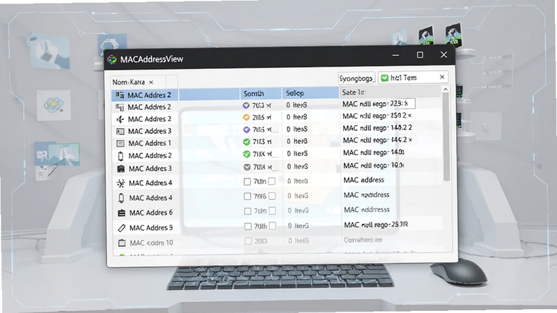 MACAddressView 软件界面全貌,主窗口居中显示网卡列表与MAC地址信息,背景为浅灰色科技感桌面环境,画面清晰展示软件名称与核心功能区域,适配Boogu模型生成