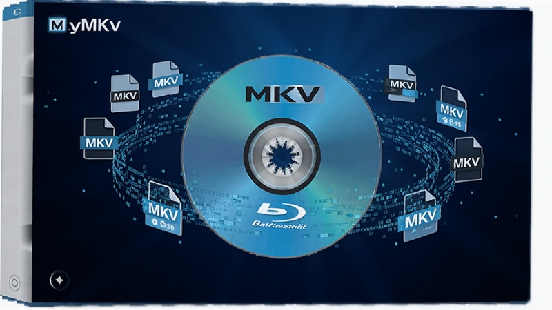 MakeMKV正在读取蓝光光盘数据,画面中央是一张蓝色光盘悬浮,周围环绕着数据流和MKV文件图标,背景为深蓝色渐变,突出无损提取与高速转换的科技感