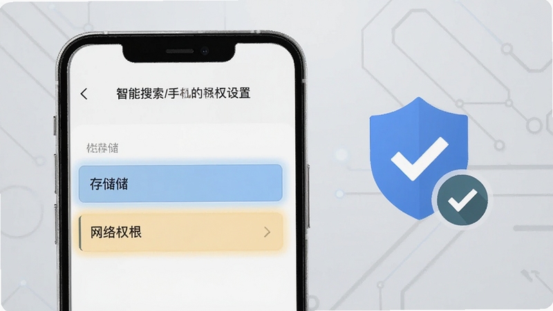 AI智能搜索免费在手机上的安装权限设置界面示意图,画面展示手机屏幕中权限管理页面,高亮标注存储与网络权限选项,背景为淡灰色科技纹理,旁边配有盾牌与勾选图标,整体风格清晰直观,适配Boogu模型生成
