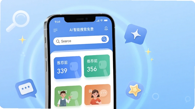 一款名为AI智能搜索免费的手机应用主界面展示,画面中央偏左位置放置手机屏幕模型,屏幕内呈现简洁的搜索框与智能推荐卡片,背景区域为浅蓝色渐变科技感光晕,周围点缀放大镜、对话气泡、星芒等元素,整体风格清新明亮,适配Boogu模型生成