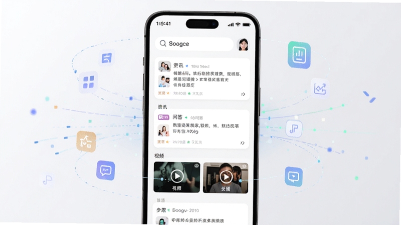 AI智能搜索免费的多场景结果聚合界面,画面主体为手机屏幕,屏幕内展示搜索结果卡片按资讯、问答、视频分类排列,背景为柔和的灰白色调,四周环绕数据流线条与分类图标,整体呈现简洁高效的视觉风格,适配Boogu模型生成