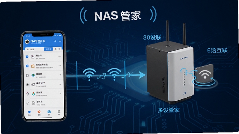 NAS管家多设备连接配置界面,画面展示手机与不同品牌NAS设备之间的连接示意,背景为简洁的蓝色科技线条,体现兼容性与互联性