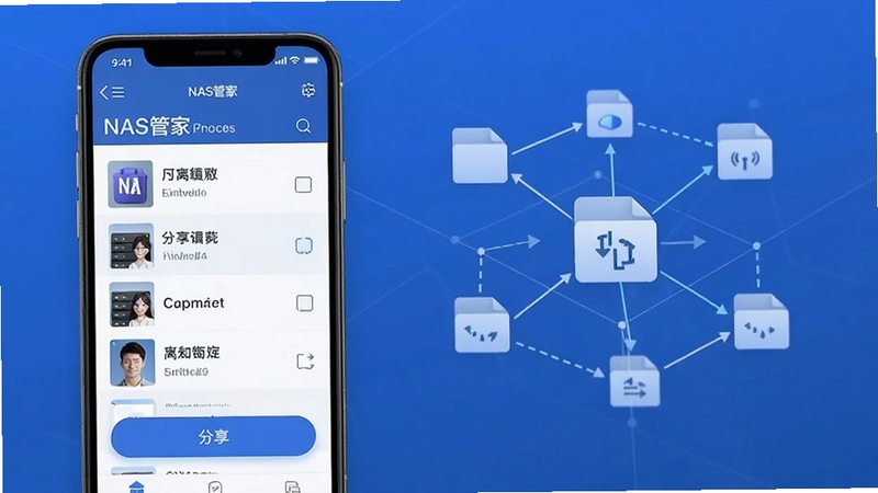 NAS管家离线缓存与文件分享功能展示,手机界面显示已缓存文件列表与分享按钮,背景为简约的文件传输图标网络