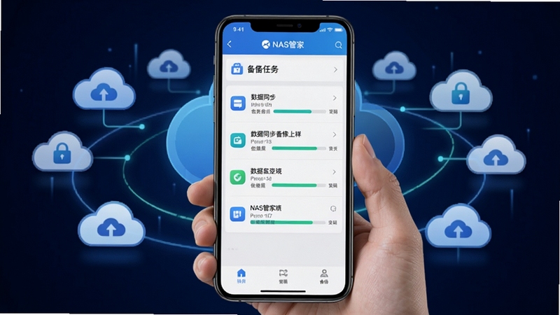 NAS管家自动备份设置界面,手机屏幕显示备份任务列表与进度条,背景为云端存储图标环绕,突出数据同步与安全备份