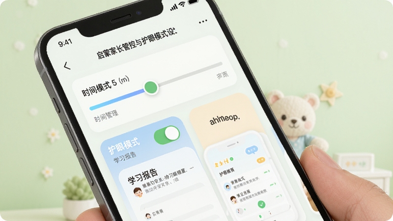 ahakid���ɼҳ��ܿ��뻤��ģʽ���ý��棬����չʾ�ֻ���Ļ�ϵ�ʱ��������顢����ģʽ�����Լ�ѧϰ����Ԥ����Ƭ������Ϊ��͵�ǳ��ɫ����������ܰ��ȫ�����ּҳ����Ĺܿع���