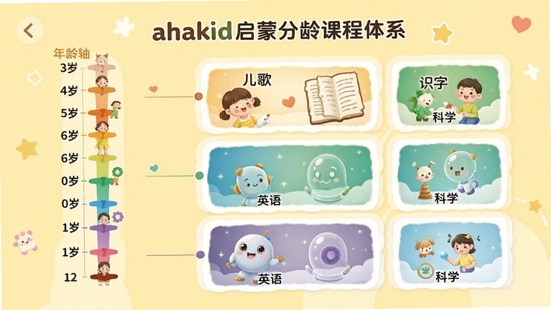 ahakid���ɷ���γ���ϵ����չʾ���������������ѡ�����3�굽12�꣬�Ҳ��Ӧչʾ��ͬ����εĿγ̿�Ƭ������衢ʶ�֡�Ӣ���ѧ�ȣ�����Ϊ��ܰ�ĵ���ɫ�����岼����������UI��Ƽ������