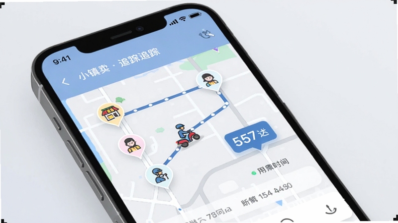 小镇外卖智能调度与实时追踪功能界面图,画面主体为手机屏幕特写,屏幕内展示小镇外卖订单追踪地图,地图上有商家图标、骑手移动轨迹与用户收货地址标记,预计送达时间以醒目数字显示;背景为柔和的浅灰色,突出界面信息层次,风格清晰直观。
