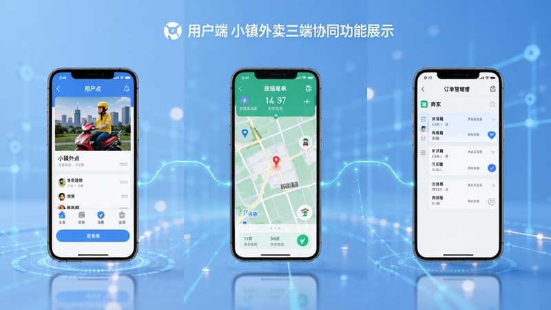 小镇外卖三端协同功能展示图,画面采用分屏构图,左侧为手机用户端点餐界面,中间为骑手端接单地图界面,右侧为商家端订单管理后台,三个屏幕之间用发光线条连接;背景为淡蓝色渐变科技感空间,整体风格简洁现代,突出小镇外卖多端协同的产品特点。