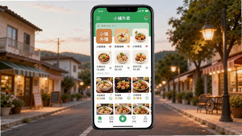 小镇外卖安卓版客户端主界面预览图,画面中央展示一部智能手机,屏幕内呈现小镇外卖APP的首页点餐界面,包含美食分类图标、商家列表与底部导航栏;背景为温馨的乡镇街道场景,有低矮楼房、绿树和暖色路灯,整体色调明亮温暖,风格写实清新,适合软件下载站展示。