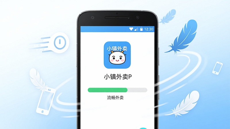小镇外卖轻量安装与流畅运行示意图,画面展示一部普通安卓手机正在安装小镇外卖应用,安装进度条接近完成,手机周围环绕着轻量、流畅的视觉符号如羽毛、速度线等;背景为简洁的白色与浅蓝色渐变,整体风格清爽明快,突出小镇外卖低门槛使用的优势。