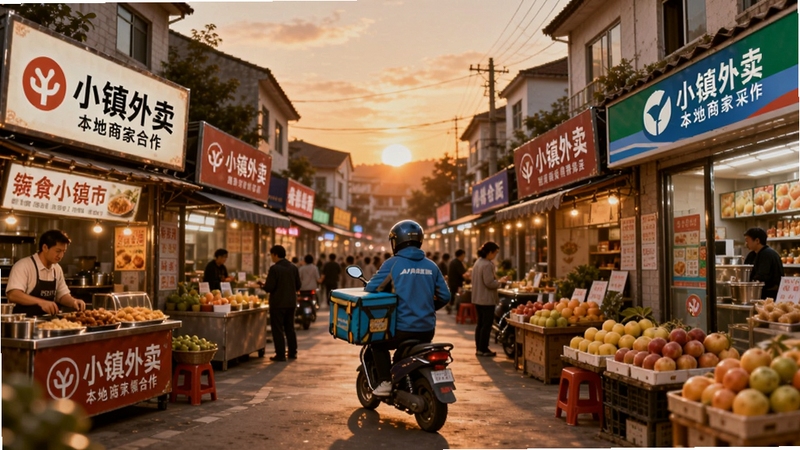 小镇外卖本地商家资源场景图,画面展示一条热闹的乡镇美食街,街道两侧有各类小吃店、水果摊和便利店,店铺招牌上带有小镇外卖的合作标识;画面中央有一位骑手正提着外卖箱走出店铺,背景是夕阳下的乡镇街景,整体氛围温馨热闹,色彩饱满。