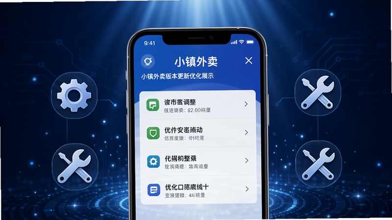 小镇外卖版本更新优化展示图,画面中央是一部手机屏幕,屏幕上显示小镇外卖更新日志界面,列出多项优化条目,旁边配有齿轮、扳手等象征优化调整的图标;背景为深蓝色科技感渐变,光线从上方洒落,整体风格专业且富有科技感,体现小镇外卖持续迭代的态度。