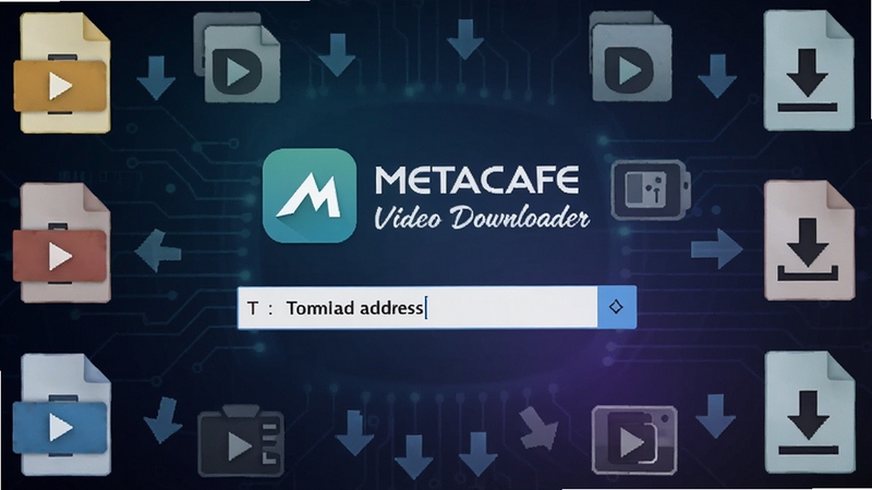 Metacafe Video Downloader 软件主界面全貌展示,画面主体位于中央区域,显示软件图标与简洁的下载地址输入框,背景采用深色科技感渐变风格,四周环绕着视频文件格式图标与下载箭头元素,整体氛围专业且易于识别,适配Boogu模型生成