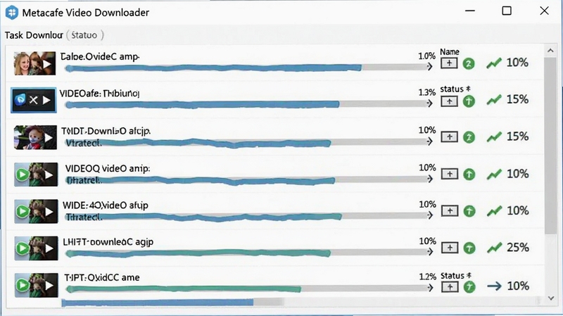 Metacafe Video Downloader 批量下载任务管理列表界面,画面主体为软件窗口中的多任务进度条与状态图标,背景为白色简洁风格,每个任务条目清晰展示视频名称与下载百分比,适配Boogu模型生成