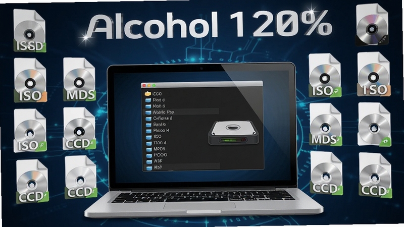 软件名称酒精(Alcohol)120%的核心全貌展示,画面主体位于正中央,一台银色笔记本电脑屏幕中显示虚拟光驱盘符列表,周围环绕着ISO、MDS、CCD等光盘镜像文件图标,背景为深蓝色科技感渐变区域,光影柔和,细节清晰,风格写实,适合软件下载站展示