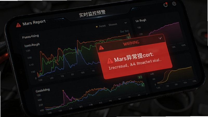 Mars Report 实时监控预警界面,手机屏幕显示多条指标曲线与红色预警弹窗,弹窗内写有指标异常提示文字,背景为暗色模式,突出警示氛围,整体风格科技感强