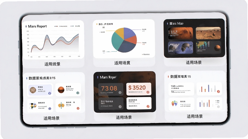Mars Report 报告模板选择界面,手机屏幕内展示多个报告模板缩略图,包括折线图、饼图、数据卡片等样式,每个模板下方标注适用场景,背景为柔和的浅灰色,整体界面干净整洁