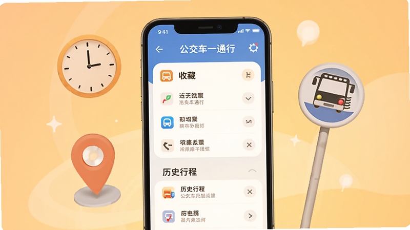 一款名为公交车一通行的手机应用界面,画面展示一部智能手机屏幕,屏幕内显示收藏线路列表与历史行程记录,周围漂浮着时钟、定位图标与公交站牌元素,背景为柔和的暖色调渐变,整体风格温馨实用,突出个人出行管理功能。