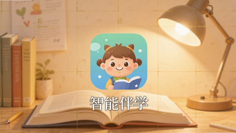一款名为智能伴学的手机应用主界面展示,画面中央是软件图标与名称,背景区域为柔和的书本与台灯光影,整体色调温暖清新,突出学习氛围,画面主体坐标居中偏上,背景简洁不杂乱,适配Boogu模型生成