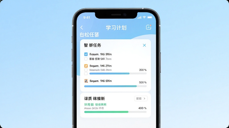 智能伴学学习计划管理界面截图,画面展示每日任务清单与进度条,手机屏幕居中,背景为浅蓝色渐变,界面元素清晰可见,风格简约现代