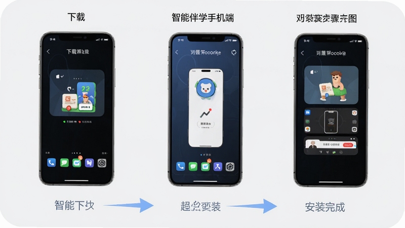 智能伴学手机端安装步骤示意图,画面展示从下载到安装完成的三个手机屏幕并排,底部有箭头引导,背景为浅灰色,风格简洁明了