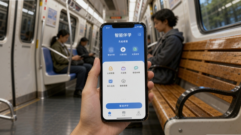 智能伴学离线使用场景图,画面展示手机在无网络环境下正常打开应用,屏幕显示功能界面,背景为地铁车厢或户外长椅,突出便携与实用