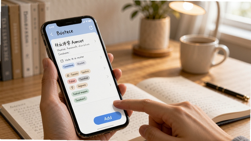 智能伴学知识速记功能演示图,画面中手机屏幕显示笔记列表与标签分类,手指正在点击添加按钮,背景为书桌场景,光线柔和,突出记录动作