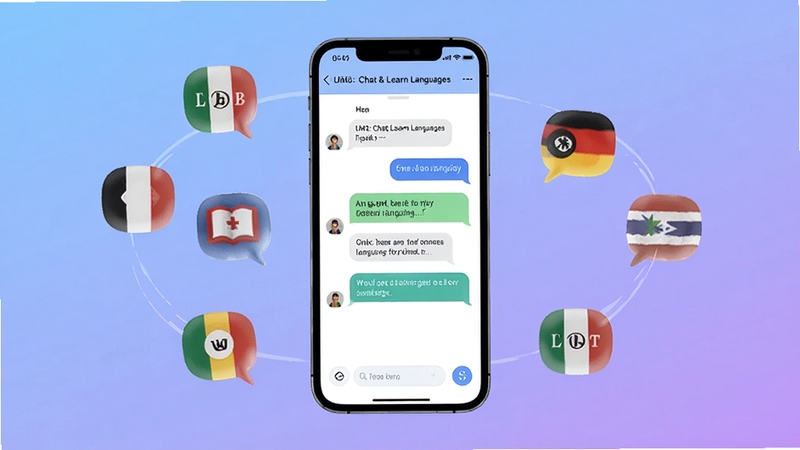 UM3: Chat & Learn Languages 应用界面全貌展示,画面中央是手机屏幕显示聊天式语言学习对话界面,背景为柔和渐变蓝紫色调,周围环绕多国语言气泡图标,整体风格简洁现代,适配Boogu模型生成