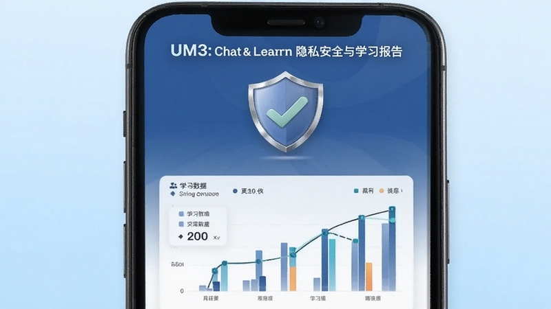 UM3: Chat & Learn Languages 隐私安全与学习报告界面,画面展示手机屏幕上显示盾牌图标与学习数据统计图表,背景为淡蓝色渐变,风格专业可信