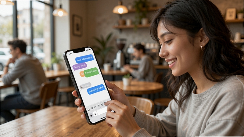 UM3: Chat & Learn Languages 聊天学习场景展示,画面中一位年轻用户正对着手机微笑打字,手机屏幕显示多语言对话气泡,背景是温馨的咖啡厅环境,光线明亮柔和,突出轻松学习氛围