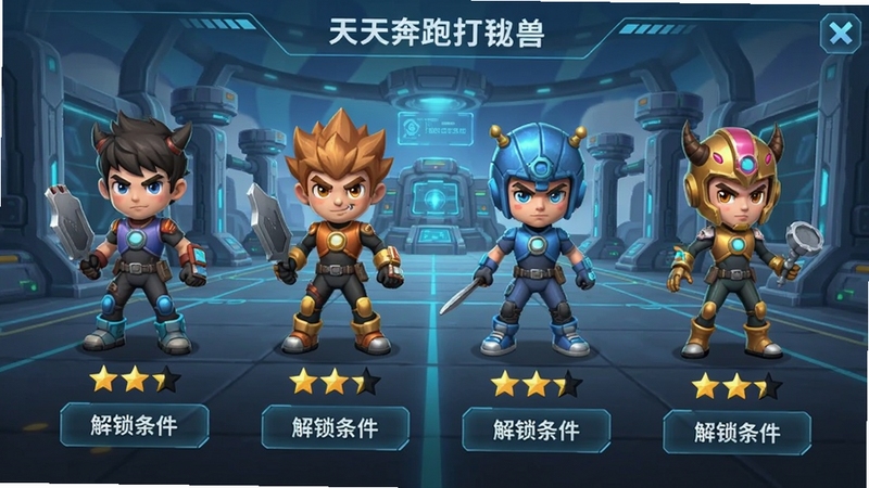天天奔跑打怪兽角色选择界面,展示四位不同造型的主角并排站立,每位角色下方标注属性星级与解锁条件,背景为科技感训练场,界面简洁清晰
