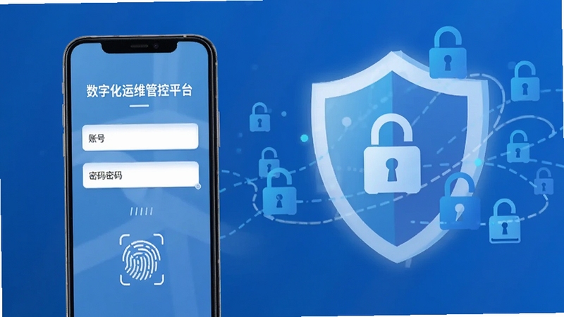 数字化运维管控平台安全登录界面,手机屏幕显示账号密码输入框与指纹识别图标,背景为抽象的盾牌与数据加密符号,画面色调以蓝白为主,传达安全可靠的视觉感受
