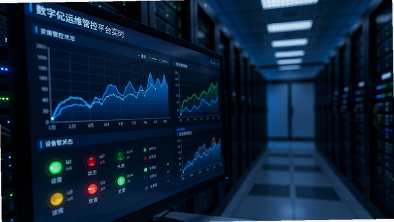 数字化运维管控平台实时监控界面特写,展示折线图与设备状态指示灯,背景为深色数据中心走廊,屏幕发出蓝色光芒,画面具有科技感与专业感