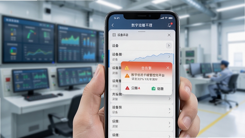 数字化运维管控平台移动端操作界面展示,手机屏幕显示设备列表与告警弹窗,背景为模糊的工业控制室环境,画面明亮清晰,突出移动端便携管理的特点
