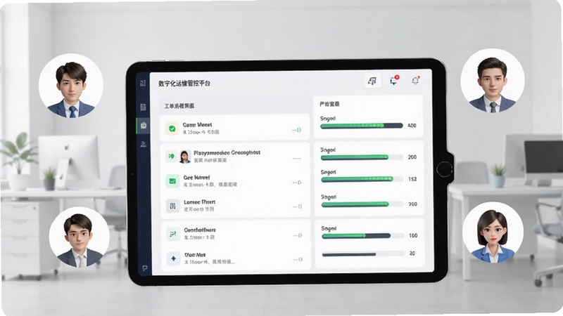 数字化运维管控平台工单流转界面示意图,画面中心为平板电脑显示工单列表与进度条,周围有虚拟人物头像代表协作人员,背景为浅灰色办公环境,整体风格简洁明快