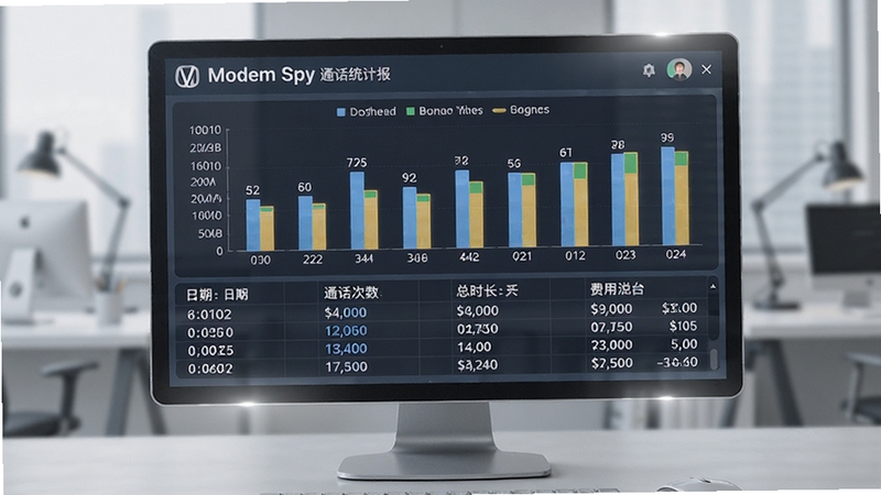 Modem Spy ͨ��ͳ�Ʊ�������չʾ����������Ϊ��״ͼ�����ݱ��񣬱�������ʾ���ڡ�ͨ����������ʱ������û��ܣ�����Ϊǳ��ɫ�칫���滷������Ļ��Ե����ͷ��⣬��������������ݹ���������� Boogu ģ������