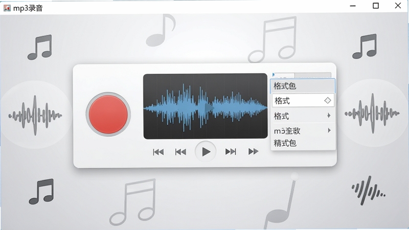 mp3¼��С��������������ȫòչʾ�����������Ǽ���¼��������壬������ɫԲ��¼�ư�ť��������ʾ���͸�ʽѡ��˵�������Ϊǳ��ɫ���䣬���ܵ�׺����������ͼ�꣬��������ˬרҵ��ͻ��MP3¼��С����ĺ���¼������