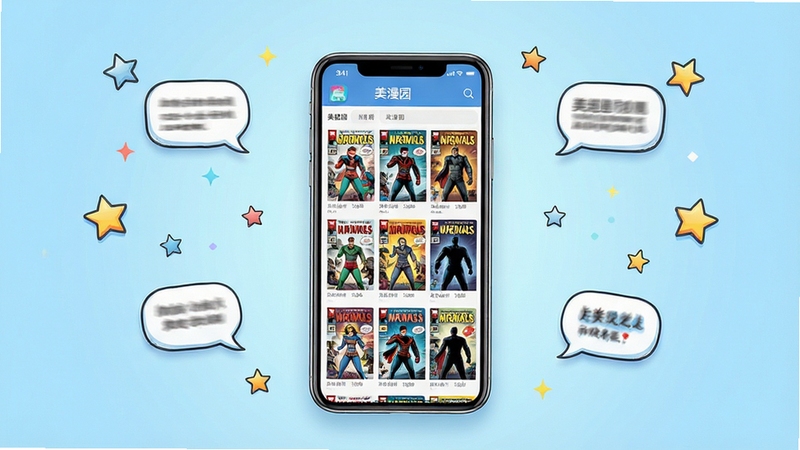 美漫园漫画应用主界面全景图,画面中心位置展示一部智能手机,手机屏幕内呈现美漫园应用的书架页面,整齐排列着多本彩色漫画封面,背景区域为柔和渐变浅蓝色,四周点缀漂浮的漫画对话框与星星元素,整体风格清新明亮,适配Boogu模型生成,细节丰富,构图居中,光影柔和,软件名称美漫园清晰可见