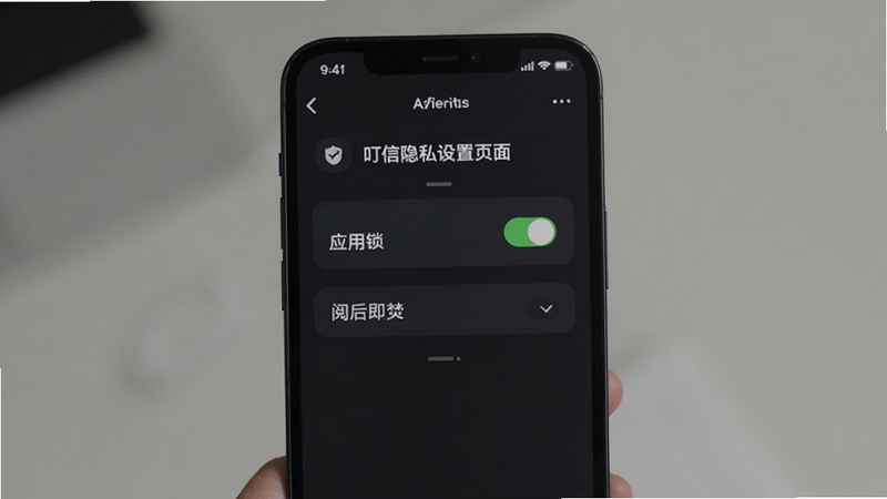 叮信隐私设置页面,手机屏幕显示应用锁开关和阅后即焚选项,界面简洁,背景为深色系,突出叮信对用户隐私保护的重视