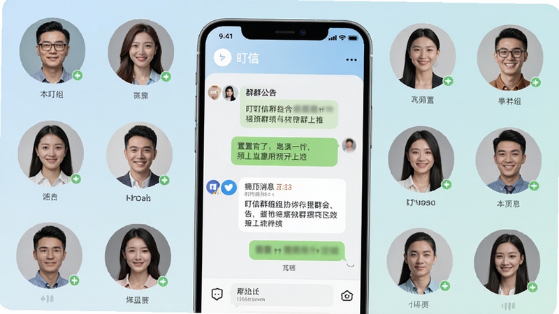 叮信群组聊天场景,多人头像环绕排列,屏幕中央显示群公告和置顶消息,背景为浅色渐变,体现叮信群组协作的高效与有序