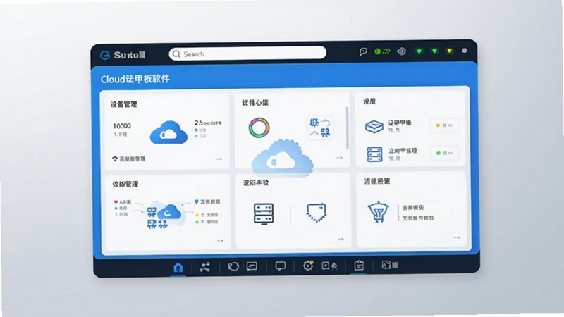 云甲板软件主界面截图,画面中央展示蓝白色调的云设备管理面板,背景为浅灰色渐变,顶部有搜索栏和状态指示灯,底部排列功能图标,整体风格简洁科技感