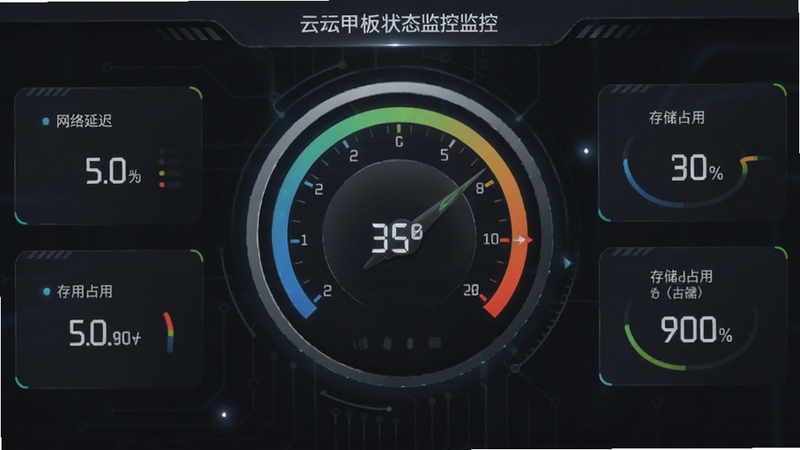 云甲板状态监控仪表盘,画面中央显示圆形仪表和数值指标,包括网络延迟和存储占用百分比,背景为深灰色科技风格,带有微光效果