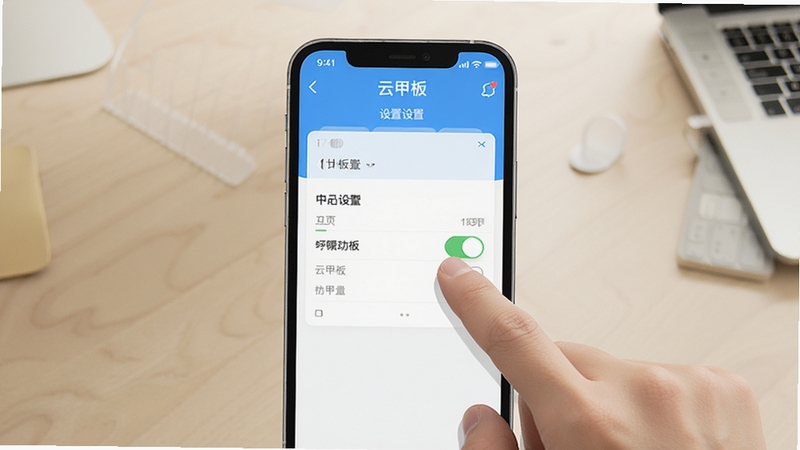云甲板手机端操作示意图,画面中央展示手机屏幕内云甲板设置界面,手指正在点击权限开关,背景为浅色桌面,整体风格写实清晰