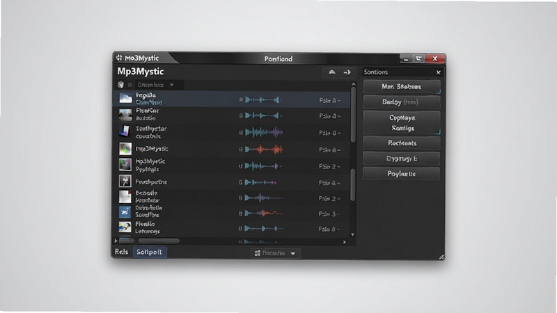Mp3Mystic��������ȫòչʾ�������ھ���λ�ڻ������룬����Ϊǳ��ɫ���䣬���������Ƶ�ļ��б����͹��ܰ�ť�������������ִ����ʺ���������վչʾ