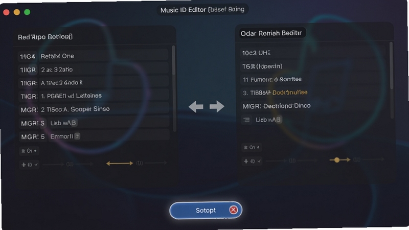 Music ID Editor 标签预览与撤销功能界面,左侧为原始标签信息面板,右侧为修改后预览面板,中间有对比箭头,底部撤销按钮高亮显示,背景为柔和深色渐变,界面清晰直观
