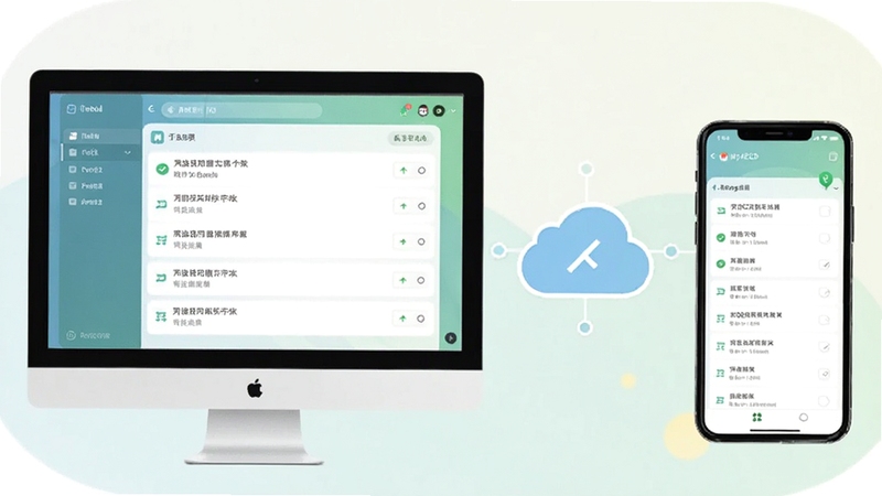 MyABCD软件在多设备间同步数据的示意图,左侧为电脑屏幕,右侧为手机屏幕,中间以云朵图标连接,界面显示任务列表同步完成,整体配色清新柔和