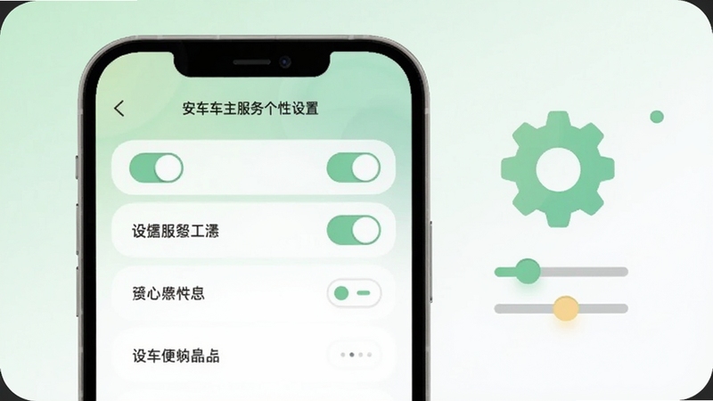 安车车主服务个性化设置页面,手机屏幕展示设置选项列表,包含开关按钮和选择项,背景为浅绿色与白色渐变,画面右侧有齿轮和调节滑块的扁平化图标,整体风格柔和圆角,适配Boogu模型生成