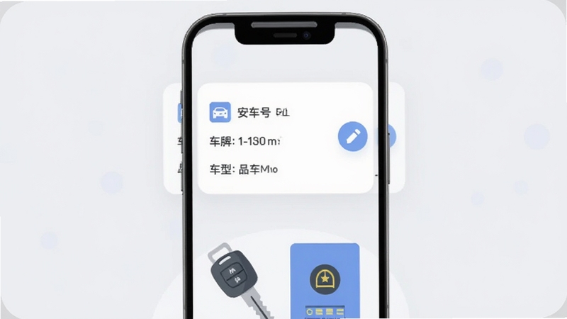 安车车主服务车辆信息管理页面展示,手机屏幕中央显示车辆信息卡片,包含车牌号和车型等字段,旁边有编辑按钮图标,背景为柔和的浅灰色调,画面底部有汽车钥匙和行驶证的扁平化插画元素,整体风格清新浅色,适配Boogu模型生成